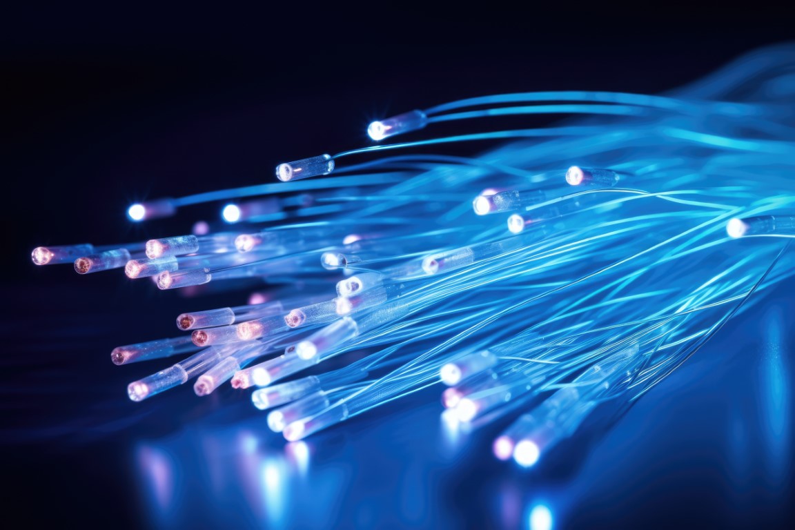 brightly colored glowing fiber optic cables on a dark background
