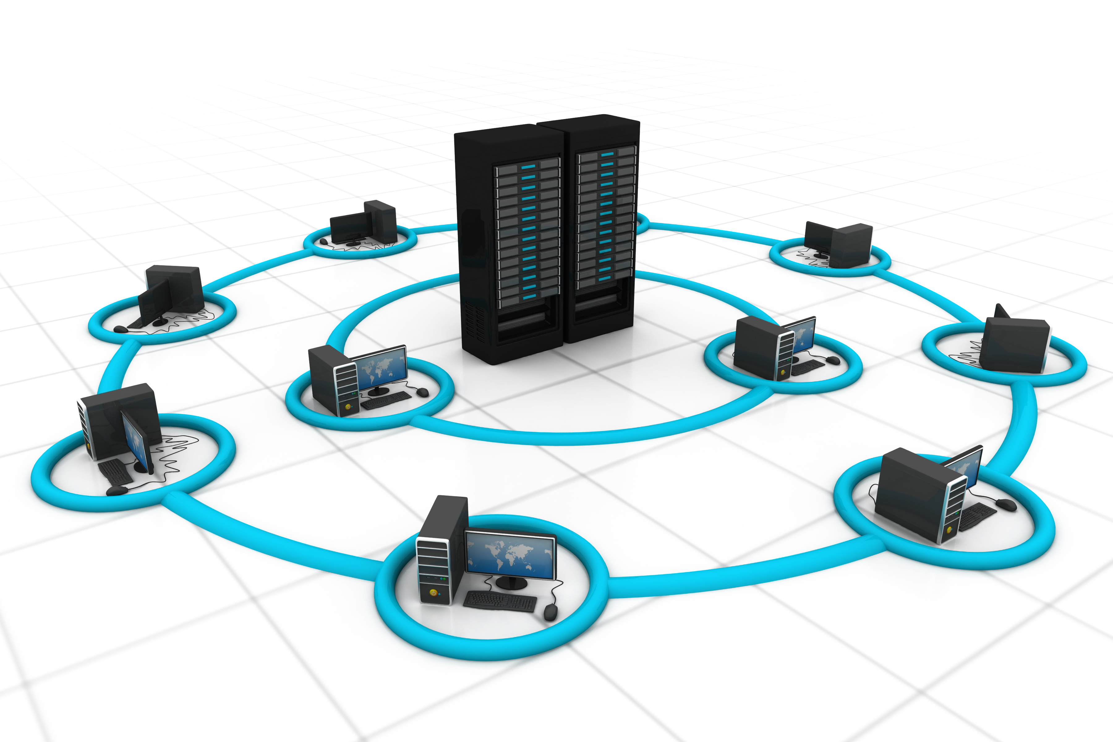 client workstations grouped around a server cartoon graphics